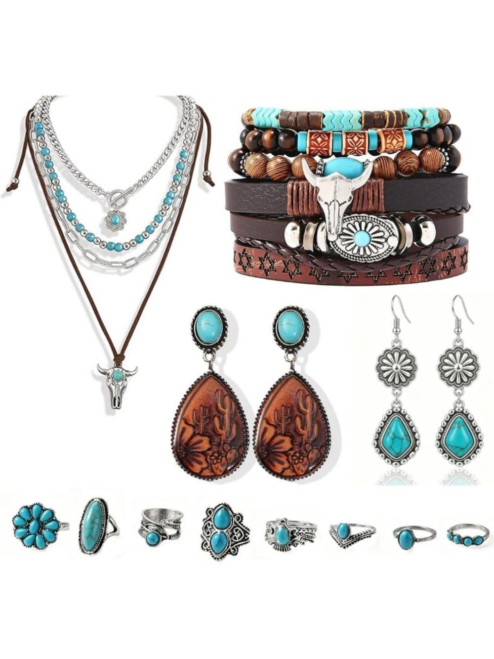 Bohemian Turquoise Jewelry Set for Women - Necklace, Earrings, Bracelet & Rings